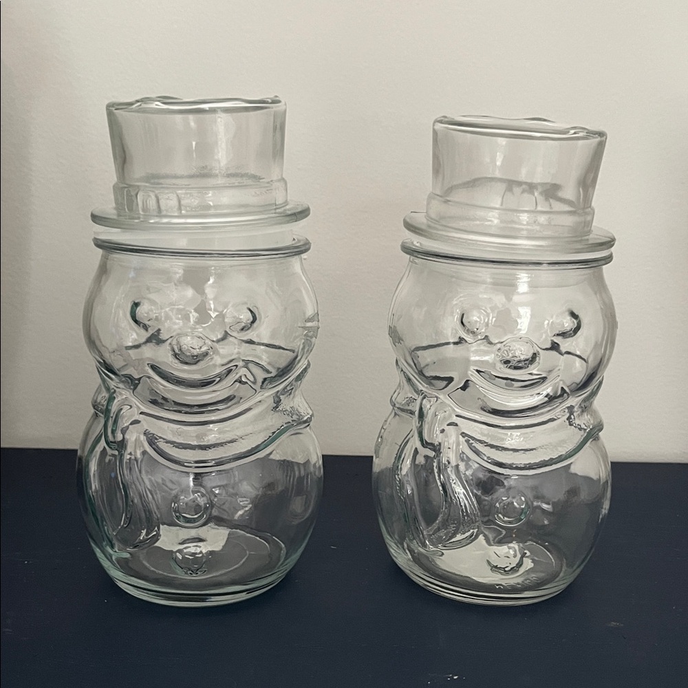Vintage 2 Libbey Glassware Clear Snowmen Shaped Canisters Christmas Decor